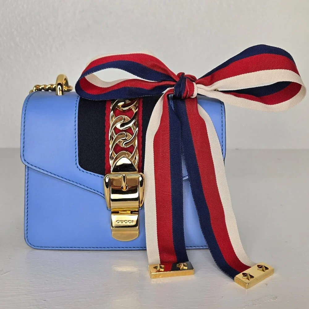 Gucci Sylvie Mini Flap Bag Blue with Ribbon & Chain Handbag Purse Crossbody - Picture 2 of 15